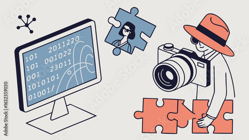 Illustration of a detective with camera next to computer screen and puzzle pieces on a light background