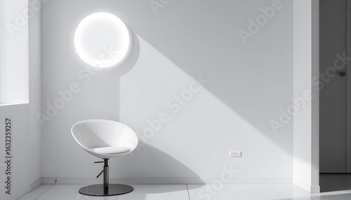 Minimalist White Interior With Modern Chair Circular Light Fixture and Dramatic Light and Shadow