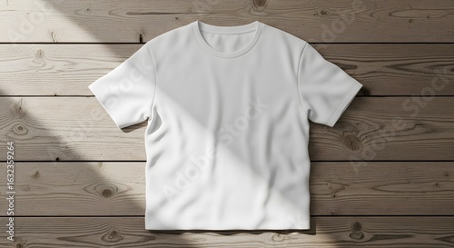 Wallpaper Mural Plain white t-shirt displayed on a wooden surface with natural sunlight creating shadows. Torontodigital.ca