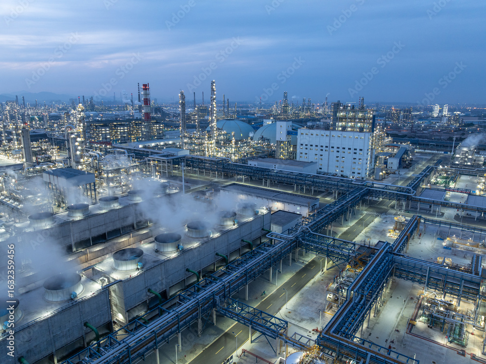 Fototapeta premium areial view oil refinery at night