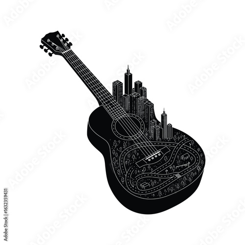 Isometric Cityscape Inside Acoustic Guitar Illustration  Black and White Music Vector Graphic