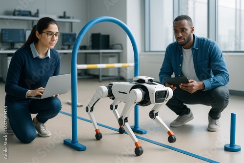 Engineers testing quadruped robot dog in lab setting with modern technology and digital devices in light background for innovation concept. Ai generative