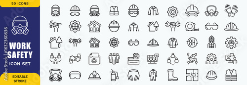 Work safety icon set. Containing hard hat, risk management, first aid kit, ear protection, workplace security, CCTV, regulation, safety training, hazard and more. vector icons collection
