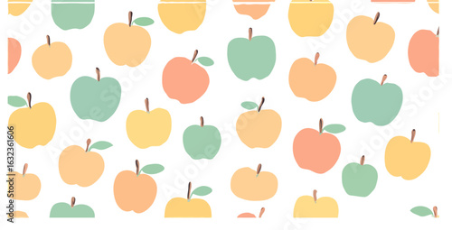 Seamless pattern of colorful apples in various shades and orientations on a white background.
