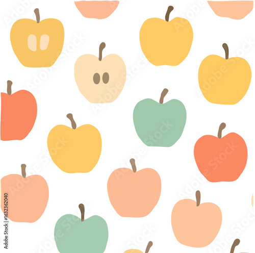 Colorful illustrated apples arranged in a repeating, seamless pattern on a white background.