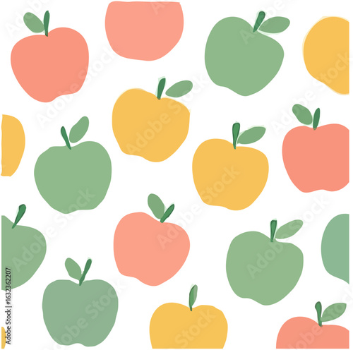 Colorful, stylized apple pattern featuring various shades of green, yellow, and pink fruit.