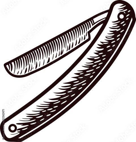 Vintage engraved straight razor illustration with detailed handle and blade, hand drawn barbershop shaving tool on white