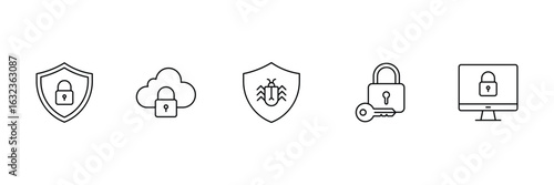 Shield lock, cloud padlock, bug protection, key access, safe computer, digital guard, online privacy, server scan, antivirus verification, security firewall Art and Illustration 