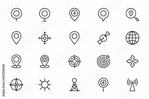 A mix of abstract and functional icons representing positioning, tracking, and navigation, crafted with sleek minimalism. Excellent for logos, presentations, and tech branding.