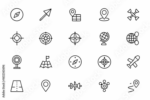An intuitive collection of linear icons dedicated to global positioning systems and real-time navigation. Use in travel platforms, delivery services, and user interfaces.