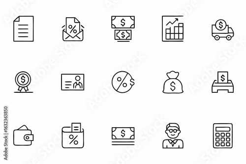 A sleek collection of line art icons representing the income tax process from calculation to payment. Great for financial reports, tax prep services, and online courses.