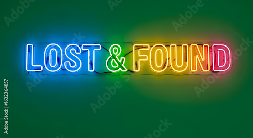 A vibrant neon sign displaying the words lost and found against a green background with colorful lights
