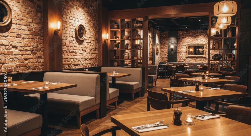 Obraz premium Contemporary bistro interior showcasing rugged brick surfaces and polished wood décor