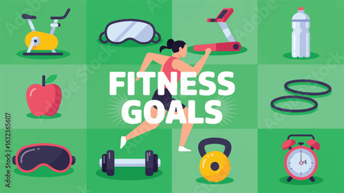 Fitness Goals Concept With Exercise Icons And Woman Running