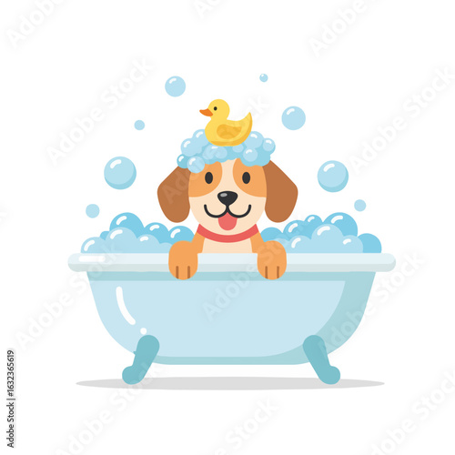 Cheerful dog in bathtub with bubbles and rubber duck, adorable pet enjoying bath time with playful atmosphere. Fun dog bath scene featuring bubbles and bright colors. Concept cheerful dog bathing.