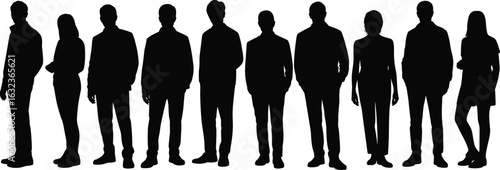 Silhouette of diverse business people standing in a row, isolated on white background, professional teamwork, corporate group concept
