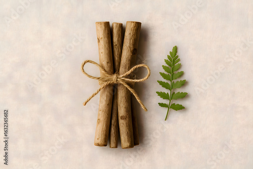 Natural Herbal Sticks with Green Leaf Minimal Flat Lay