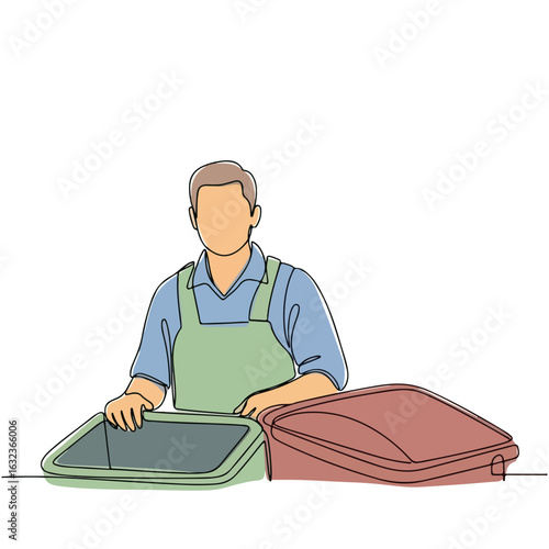 Garbage collector sorting waste with green and red bins. Municipal worker in uniform organizes trash for efficient disposal. Concept garbage collection services for sustainable city maintenance.