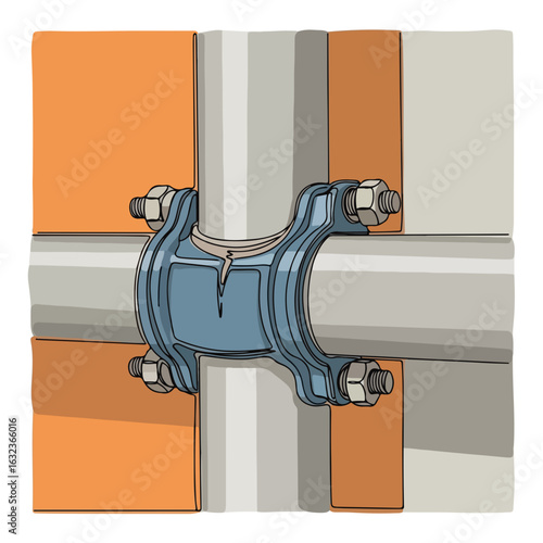 Close-up view of galvanized pipe repair clamp securing two pipes together, showcasing detailed components like nuts and bolts. Galvanized pipe repair clamp is essential for plumbing repairs,
