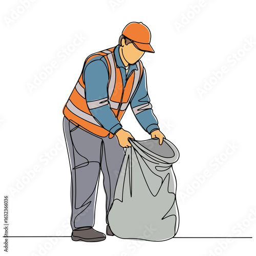 Municipal worker collecting refuse in uniform, sanitation worker preparing trash bag for disposal. City services include street maintenance with dedicated staff ensuring clean urban environment.