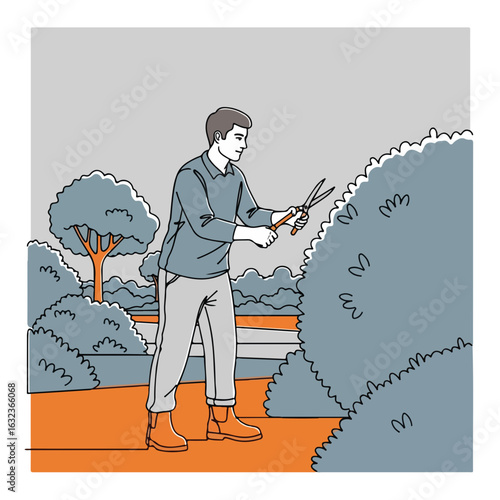 Gardener pruning bushes with shears in urban landscape. Professional gardener engaged in trimming shrubbery, enhancing green spaces and maintaining city gardens.