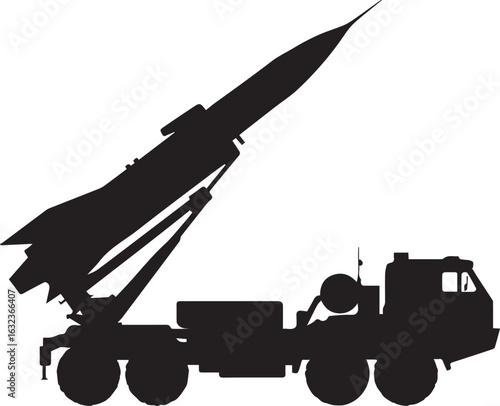 Military Missile Silhouetted: A powerful missile launcher truck stands tall, showcasing a strategic silhouette against a clear backdrop, its form emphasizing precision and strength.