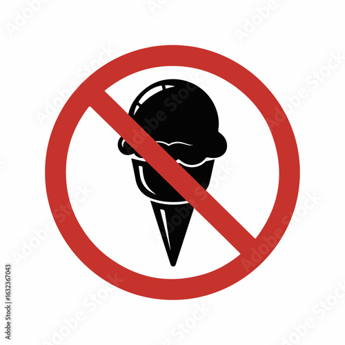 No ice cream sign. Red circle with black ice cream cone silhouette crossed out. Simple no ice cream symbol for food restrictions or diet plan. This prohibition symbol indicates restriction, allergy,