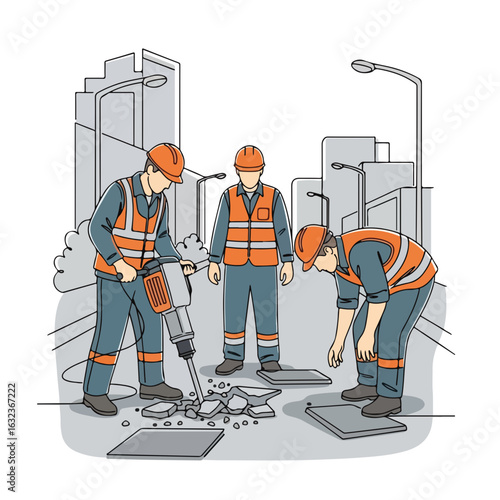City street repair crew using jackhammer for pavement maintenance.  Municipal workers in safety vests perform urban services and infrastructure work.