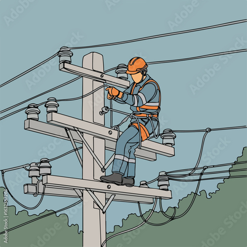 Utility worker repairing power lines on utility pole. City worker in work uniform performs street maintenance.  Public service employee ensures urban services functionality.