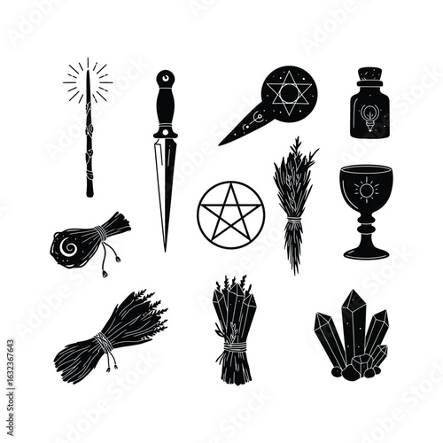Witchcraft spiritual tools concept with a set of mystical icons. Includes magic wand, athame, pentagram, crystals, and potion.