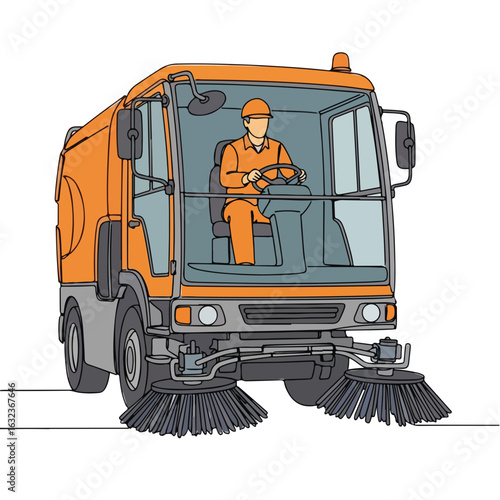 Municipal worker driving street sweeper with continuous line drawing in flat colors. Street sweeper maintaining urban services, includes city worker wearing uniform and helmet, depicts public service,