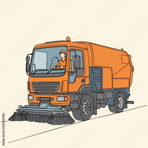 Illustrative street sweeper operating in city, showcasing urban services and municipal worker. Street sweeper illustration shows public employee, who ensures public service and street maintenance.
