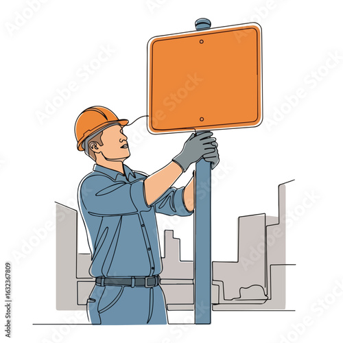 Installing traffic sign by municipal worker with construction helmet. Municipal worker installs public utilities and infrastructure. This infrastructure worker improves city services,