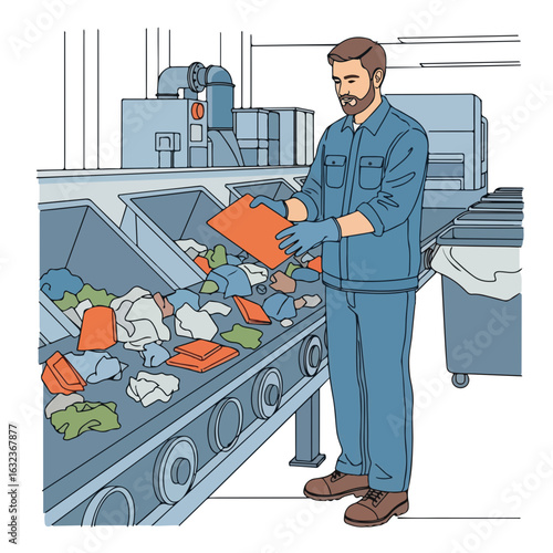 Depiction of waste sorting, a public service where sanitation worker manually sorts waste on a conveyor belt. This public service helps ensure efficient waste management.