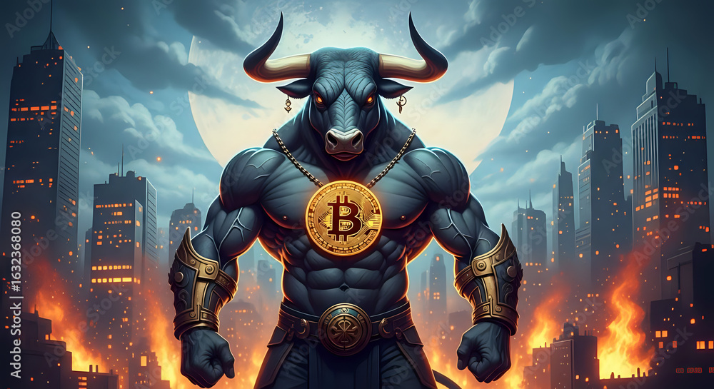 Naklejka premium Muscular bull with bitcoin necklace standing in a city skyline with fire and a full moon behind it