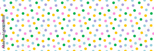 Seamless colorful polka dot pattern with confetti dots on white background. C...