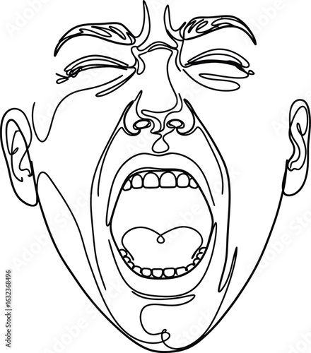 Continuous line drawing of a screaming face expressing intense anger and frustration with an open mouth