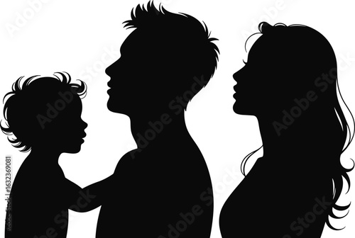 Silhouette of family, father, mother, child, standing together, love, unity, bonding, parental care, black and white, vector illustration