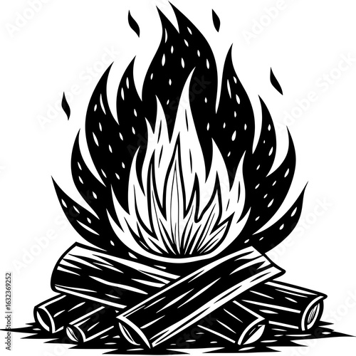 Bonfire surrounded by stones colored drawing realistic Minimalist concept vector illustration