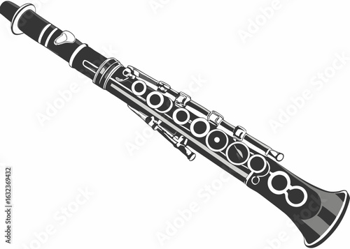 Clarinet Vintage Line Illustration, Retro Musical Instrument Black and White background