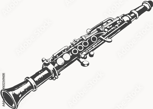 Clarinet Vintage Line Illustration, Retro Musical Instrument Black and White background