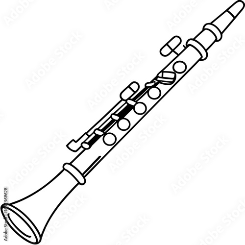 Vintage Clarinet Illustration, Hand Drawn Musical Instrument Black Ink Line Art Illustration Isolated on White background