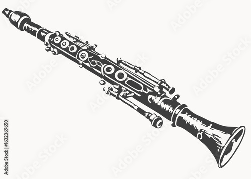 Clarinet Line Art Vector, Vintage Woodwind Musical Instrument Line Art on White Illustration