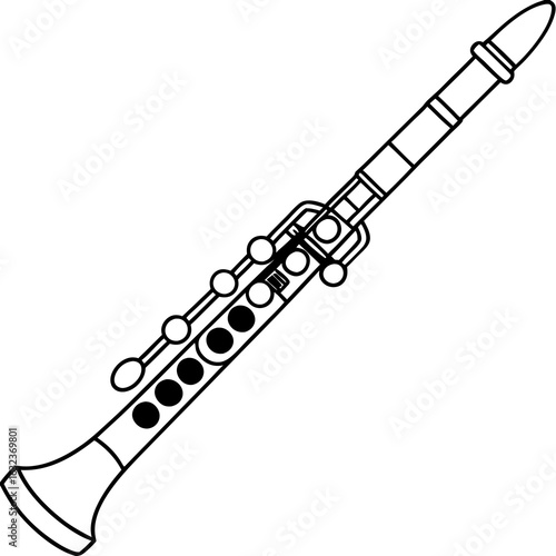 Vintage Clarinet Illustration, Hand Drawn Musical Instrument Black Ink Line Art Illustration Isolated on White background