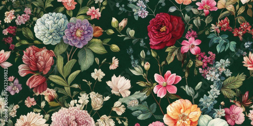 Abstract Vibrant floral pattern featuring multicolored blooms on a dark green background with texture.