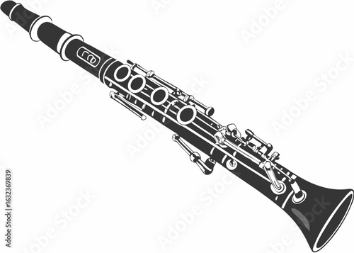 Clarinet Line Art Vector, Vintage Woodwind Musical Instrument Line Art on White Illustration