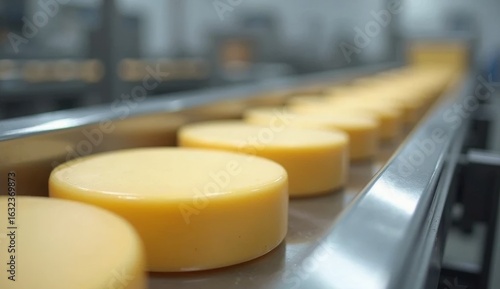 Rows of round cheese wheels on a conveyor belt in a production facility. Focus on precision, cleanliness, and standardization highlights industrial cheese manufacturing process