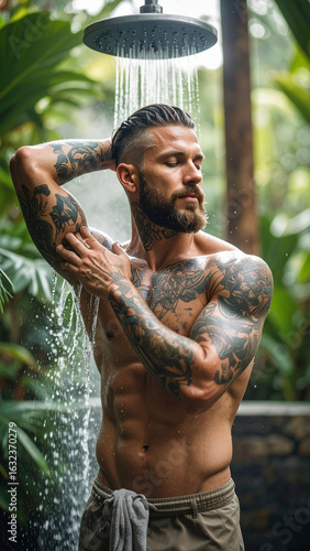 portrait of a young man in the tropical shower