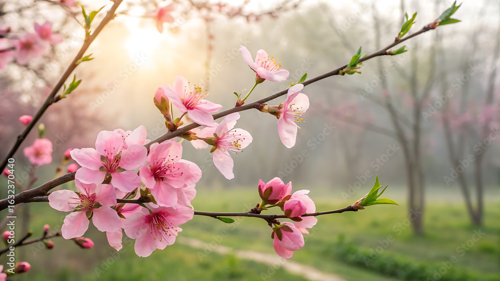 Fototapeta premium A delicate branch adorned with vibrant pink blossoms stretches across a tranquil spring landscape, bathed in soft sunlight and gentle morning fog, evoking a sense of natural beauty and peaceful growth