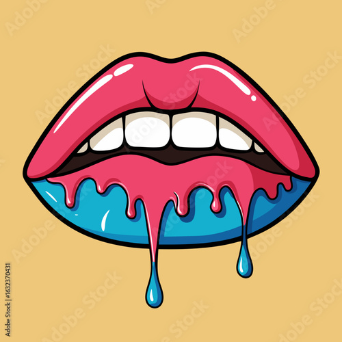 Red dripping girl lips. Woman bleeding sexy red mouth editable style vector illustratio
